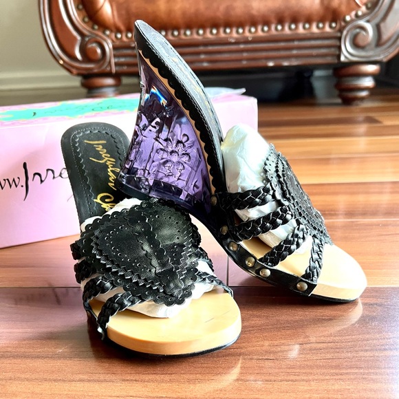 Irregular Choice Shoes - IRREGULAR CHOICE Black Wedge Sandals Shoes Leather Transparent Heel 8/ 39
